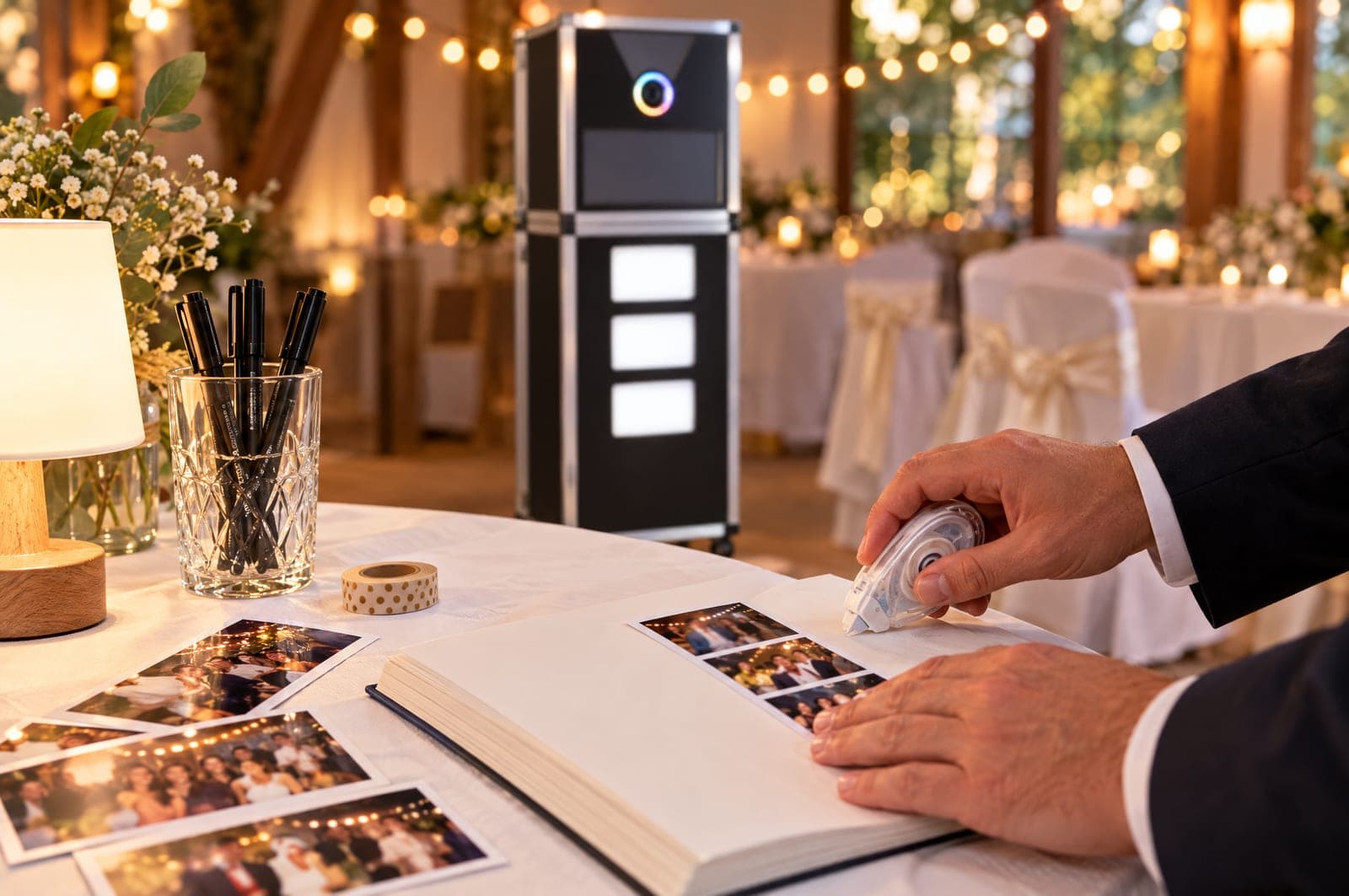 Ein Gast klebt mit einem Kleberoller einen Fotostreifen in ein Gästebuch, daneben liegen Ausdrucke, Fineliner und Washi-Tape, im Hintergrund steht die Premium Fotobox