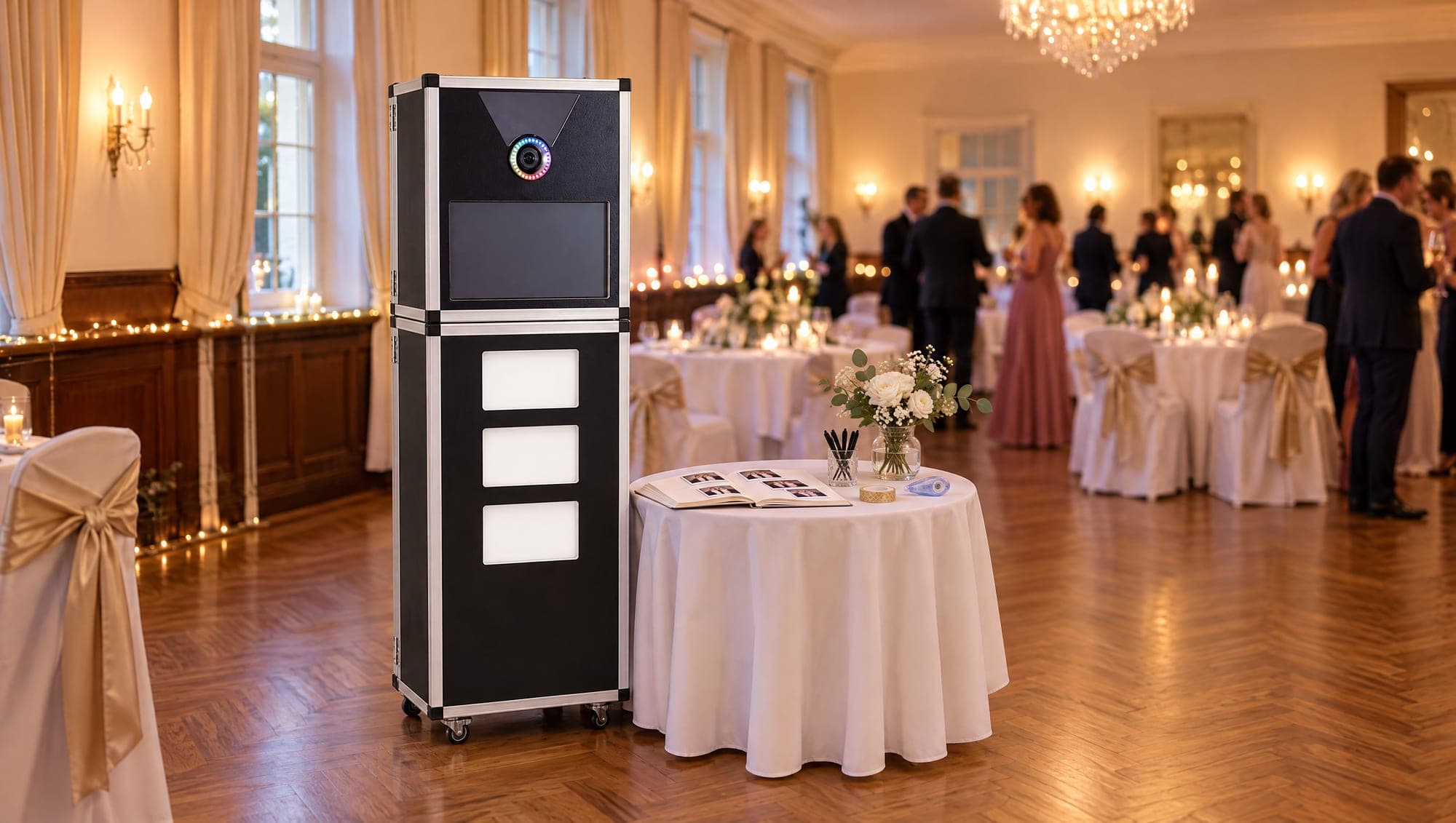 Premium Fotobox in einem festlichen Saal mit Kronleuchter, daneben ein runder Tisch mit aufgeschlagenem Gästebuch, Fotoausdrucken, Stiften und Blumen