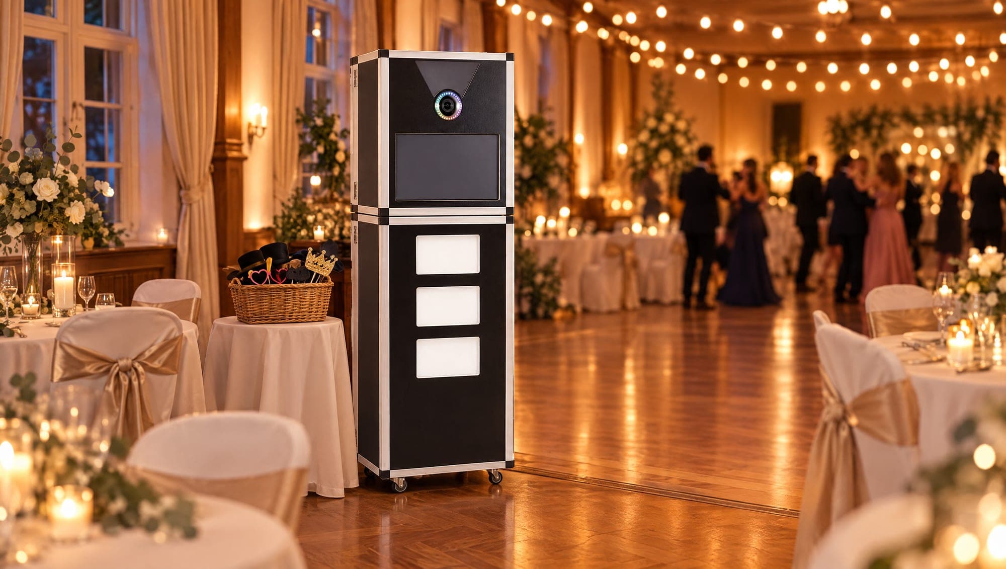 Premium Fotobox neben einem Tisch mit Requisitenkorb am Rand der Tanzfläche in einem Hochzeitssaal mit weißen Stuhlhussen und Lichterketten