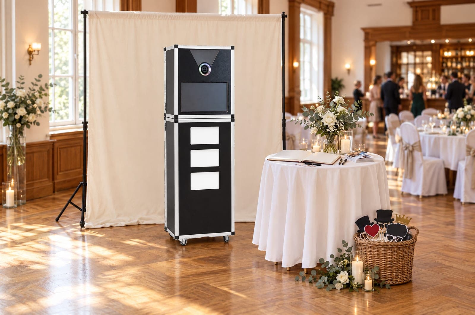 Premium Fotobox vor einem cremefarbenen Stoffhintergrund in einem hellen Hochzeitssaal, daneben ein runder Tisch mit Gästebuch und Blumen, davor ein Korb mit Requisiten