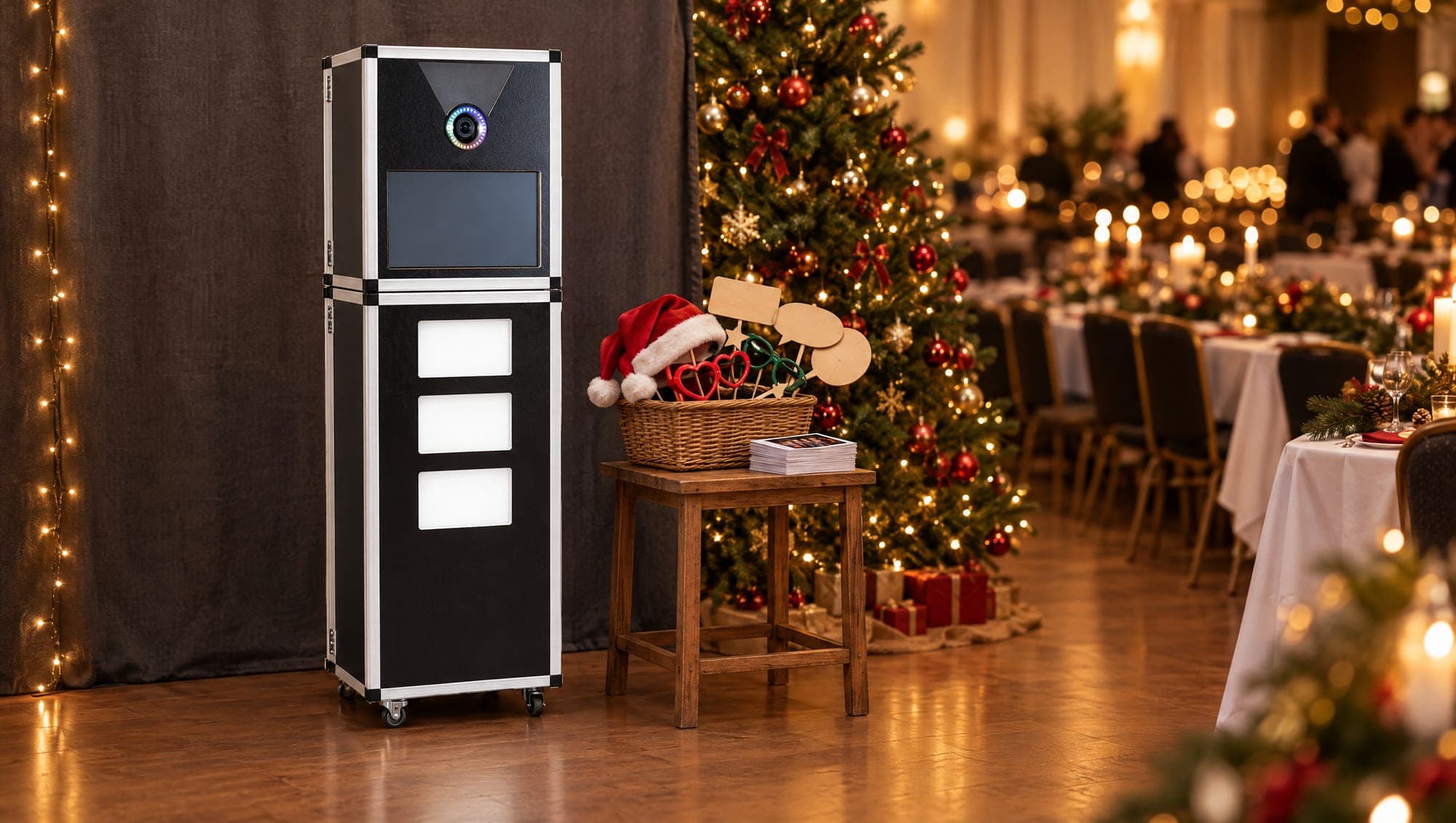 Premium Fotobox mit Requisitenkorb neben einem geschmückten Weihnachtsbaum in einem festlich gedeckten Saal