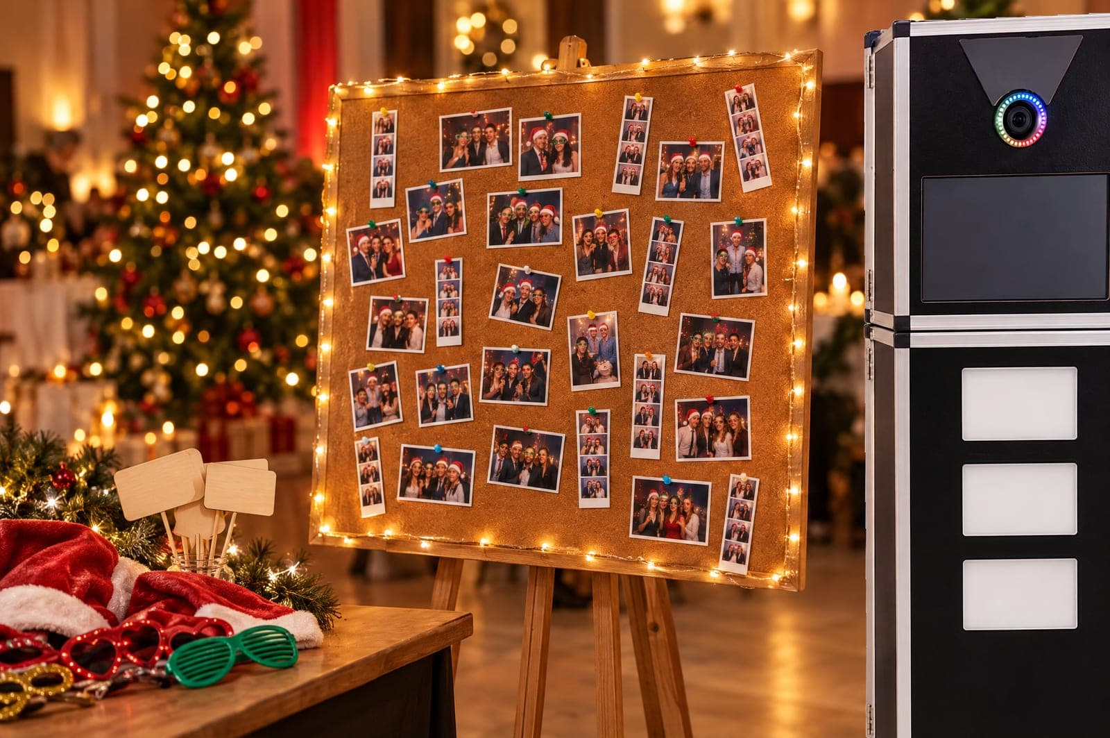 Pinnwand mit Fotobox-Ausdrucken und Lichterkette neben der Premium Fotobox, davor Weihnachtsmützen und Partybrillen