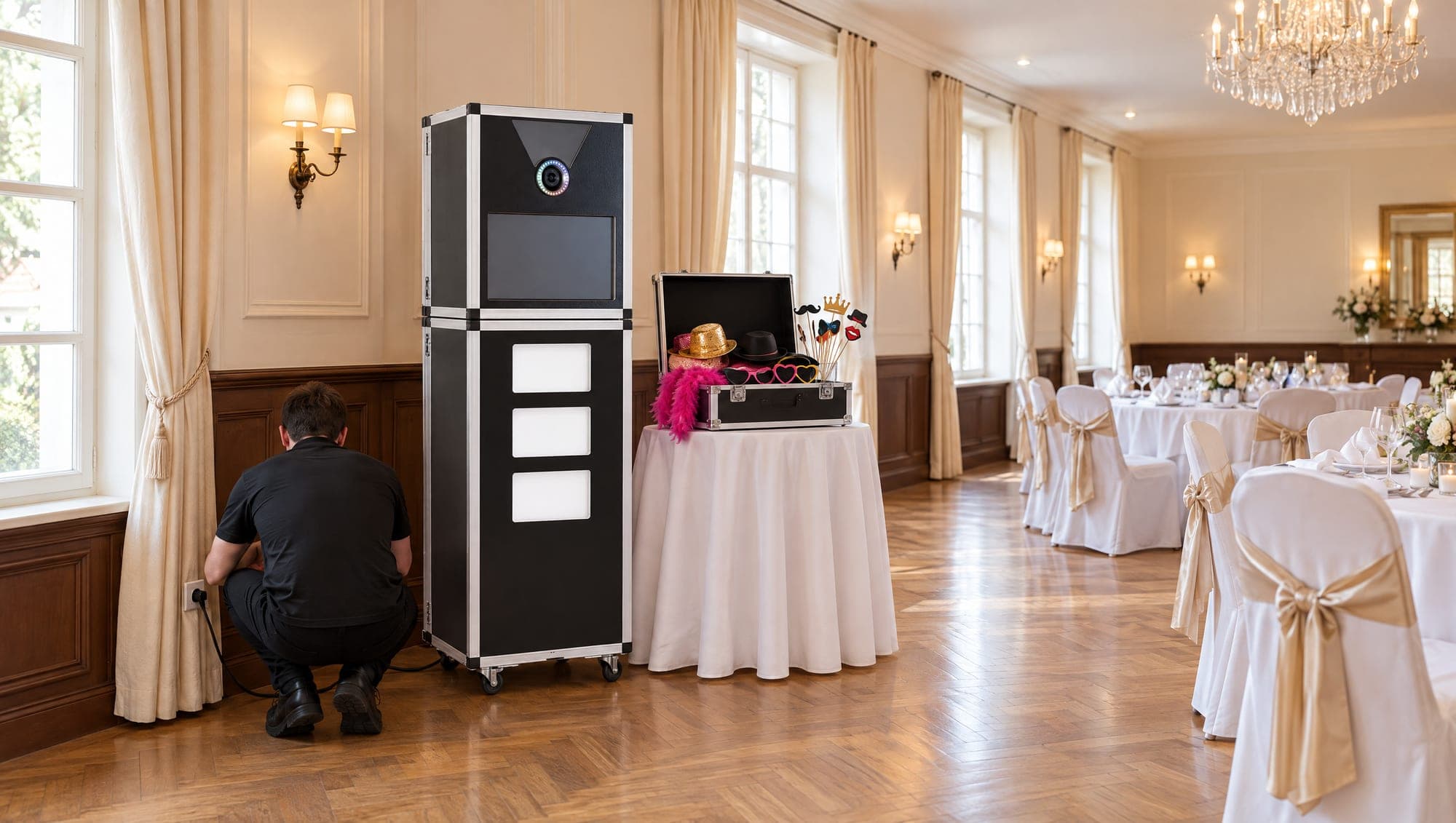Ein Mitarbeiter in Schwarz schließt die Premium Fotobox in einem leeren, festlich gedeckten Saal an die Steckdose an, daneben ein Tisch mit geöffnetem Requisitenkoffer