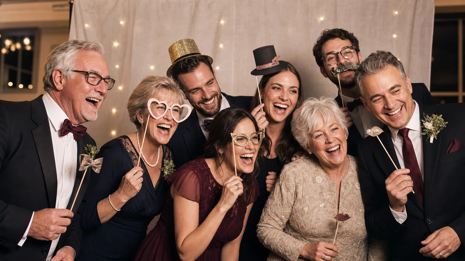 Mehrere Generationen feiern gemeinsam vor einer Hochzeits-Fotobox